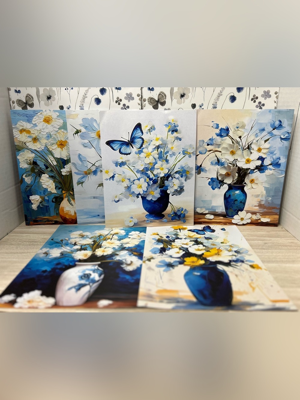 Blue White Floral Prints Set of 5 8x10 Flower Butterfly Wall Art